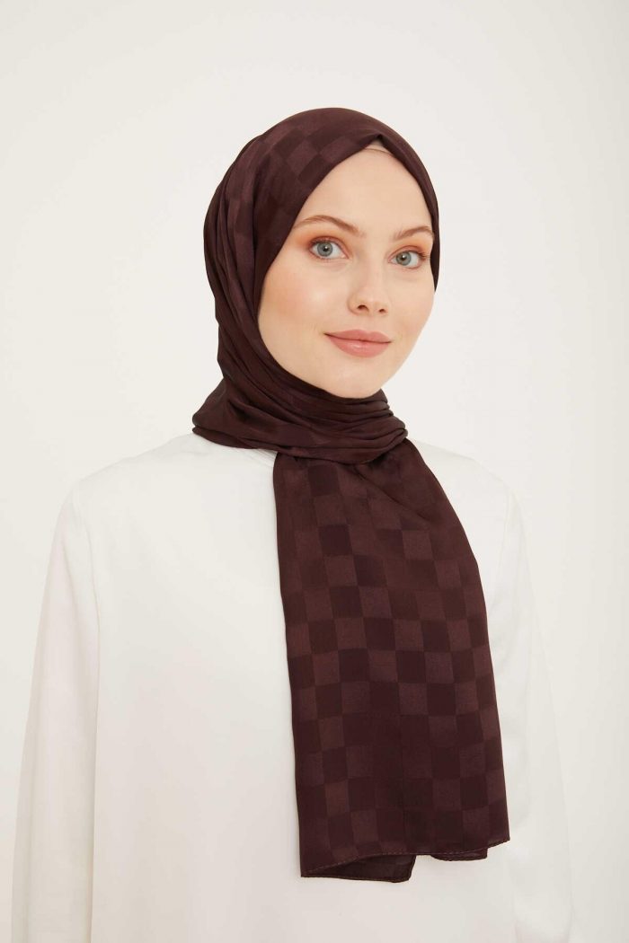 Armine Trend Jakarlı Koyu Mürdüm Dama Desen Diamond şal 2-23035 - Görsel 1