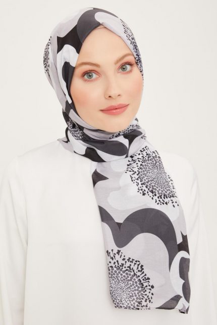 Armine Trend Siyah-Gri Büyük Çiçek Desen Şal 2854-17