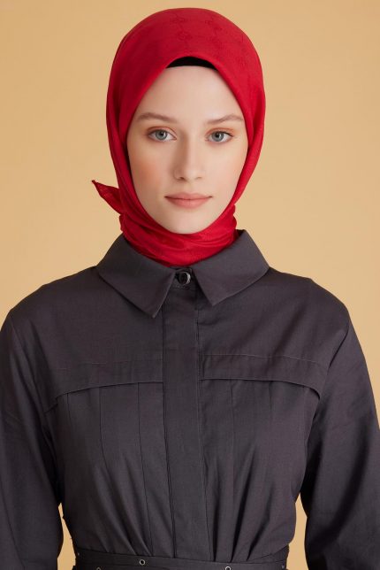 Belli Fresh Monogram Jakarlı Eşarp 2-98 Kırmızı Monogram Desenli