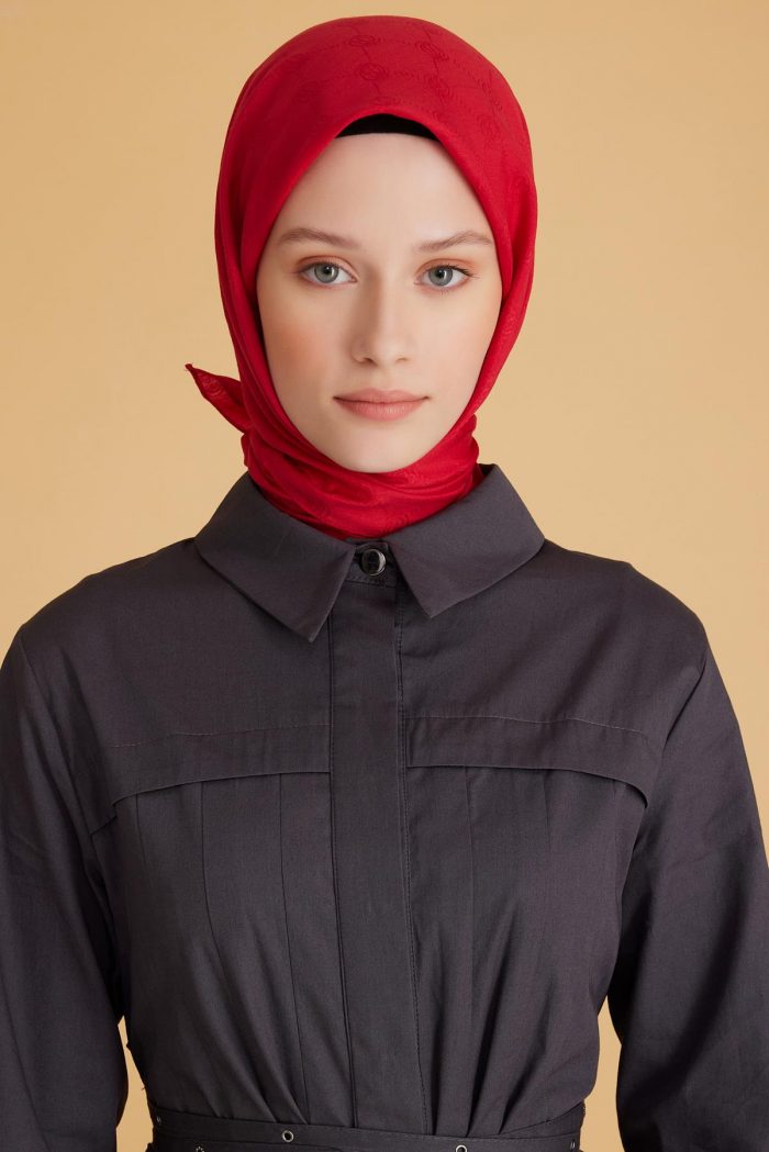 Belli Fresh Monogram Jakarlı Eşarp 2-98 Kırmızı Monogram Desenli - Görsel 1