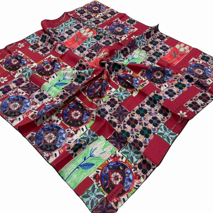 Cacharel Bordo Etnik Desen Tivil İpek Eşarp 7204313-915 - Görsel 1
