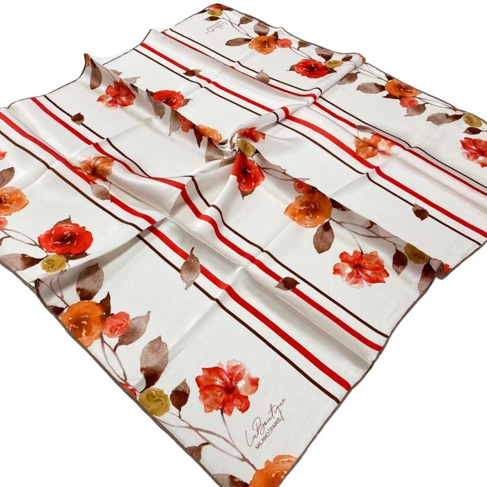 La Boutique Ekru Çiçek Desenli Sura İpek Eşarp 1579-02 - Görsel 1