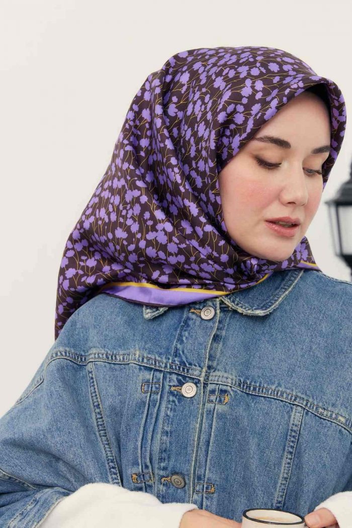 Silk Home Acı Kahve-Mor Çiçek Desenli Tivil İpek Eşarp 11412-22 - Görsel 1