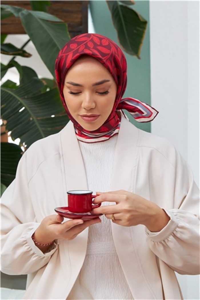Silk Home Bordo Yaprak Desenli Sura İpek Eşarp 11397-28 - Görsel 1