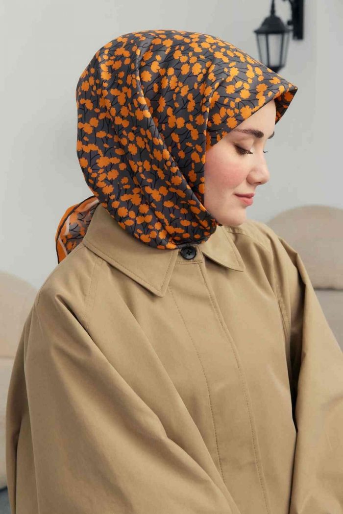 Silk Home Füme-Turuncu Çiçek Desenli Tivil İpek Eşarp 11412-25 - Görsel 1