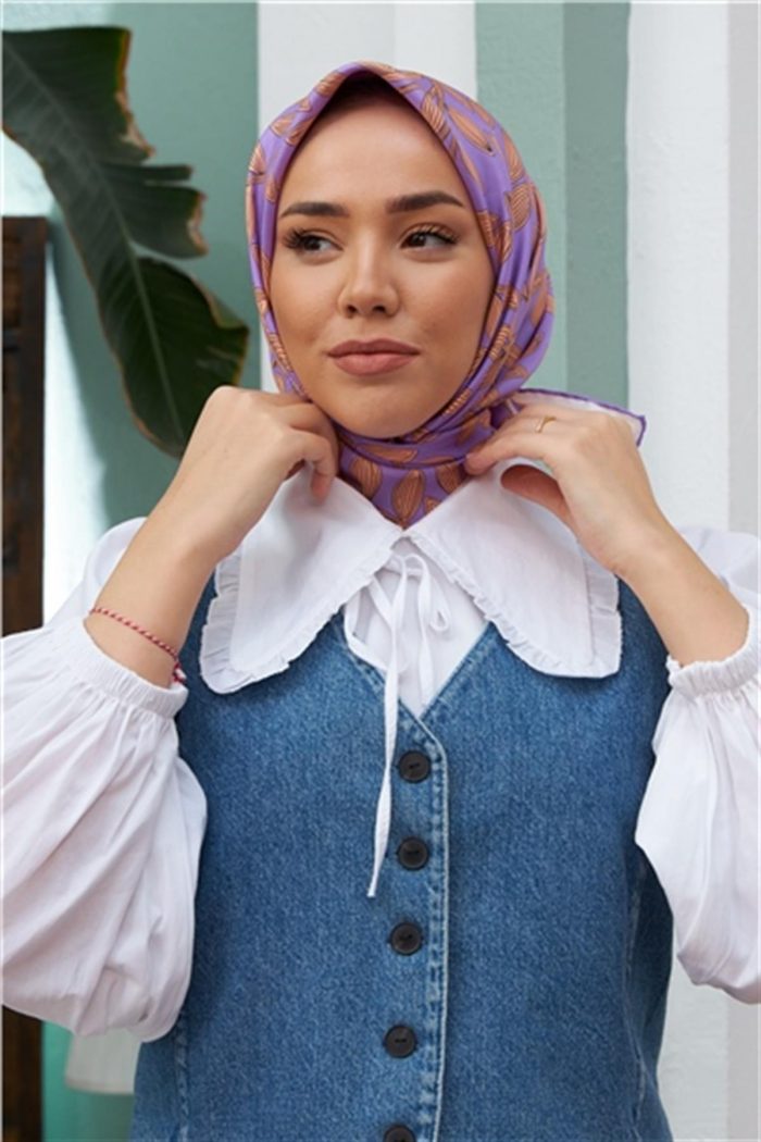 Silk Home Lila Yaprak Desenli Sura İpek Eşarp 11397-18 - Görsel 1