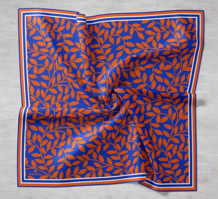 Silk Home Saks Mavi Turuncu Yaprak Desenli Sura İpek Eşarp 11397-13 - Görsel 1