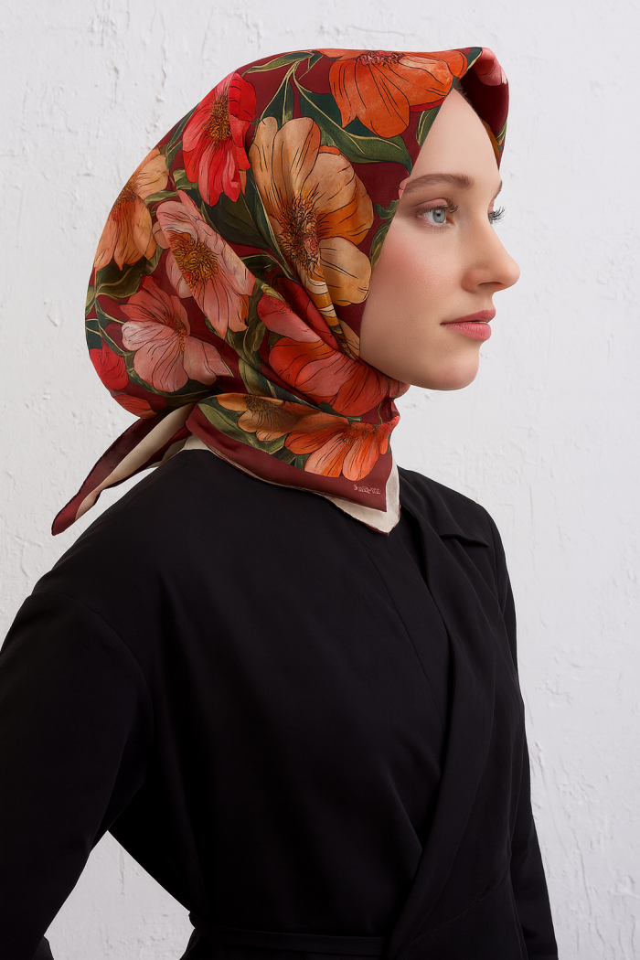 Armine Sura Saf İpek Eşarp 9403 - 01 Kırmızı Karışık Desen - Görsel 1