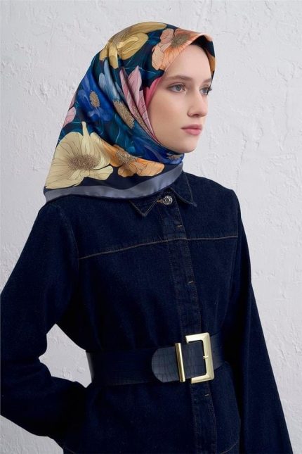 Armine Sura Saf İpek Eşarp 9403 - 54 Lacivert Karışık Desen