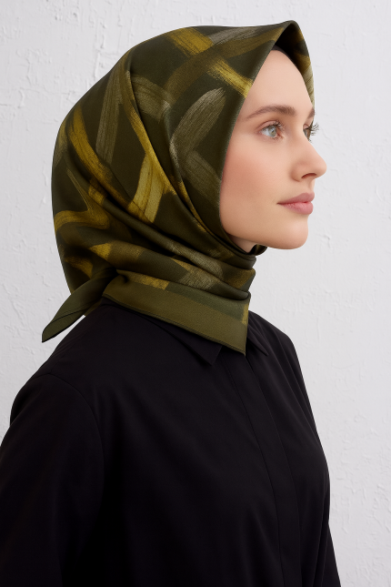 Armine Tivil Saf İpek Eşarp 9413 - 04 Yeşil Karışık Desen