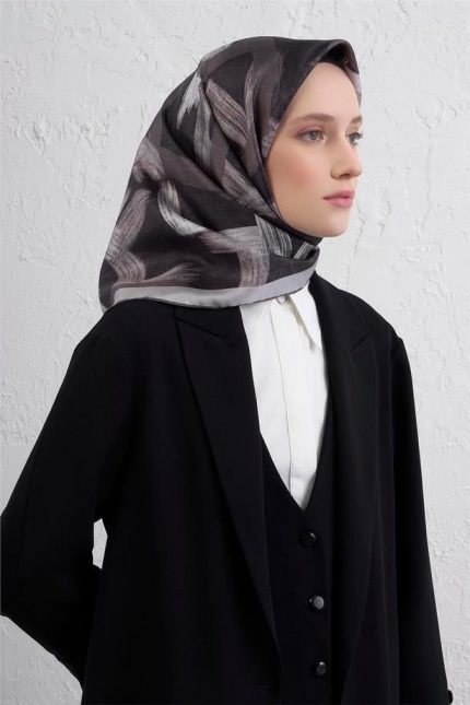 Armine Sura Saf İpek Eşarp 9413 - 84 Füme Karışık Desen