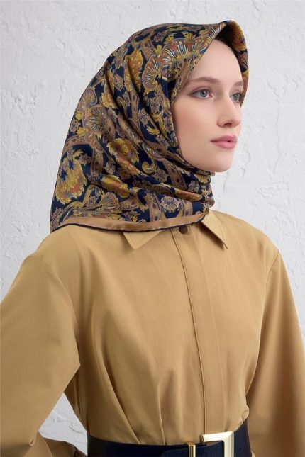 Armine Sura Saf İpek Eşarp 9416 - 03 Lacivert Karışık Desen