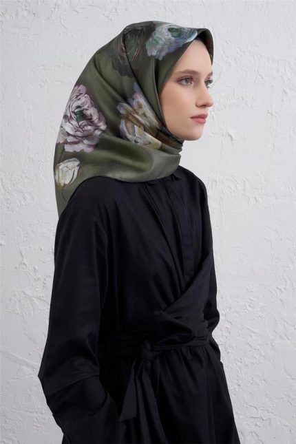 Armine Sura Saf İpek Eşarp 9419 - 50 Yeşil Karışık Desen