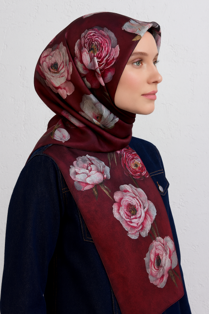 Armine Sura Saf İpek Eşarp 9419 - 55 Bordo Karışık Desen