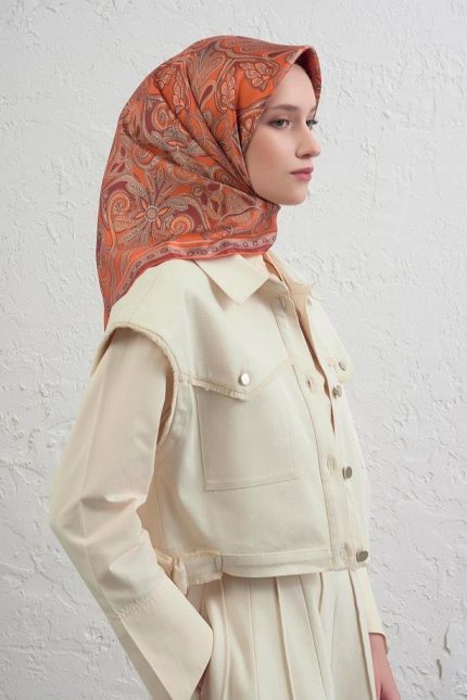 Armine Sura Saf İpek Eşarp 9421 - 34 Turuncu Etnik Desen