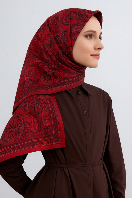 Armine Tivil Saf İpek Eşarp 9421 - 85 Kırmızı Karışık Desen