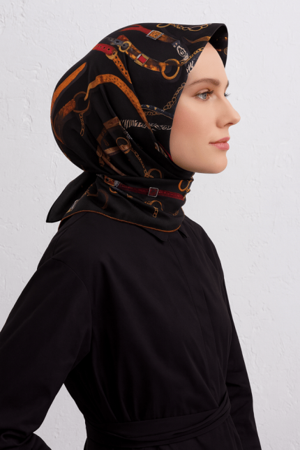 Armine Sura Saf İpek Eşarp 9422 - 04 Siyah Kemer Desen