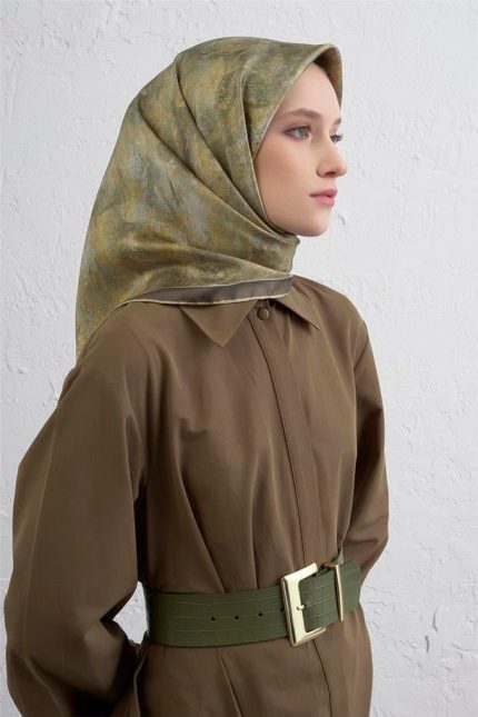 Armine Sura Saf İpek Eşarp 9433 - 36 Yeşil Karışık Desen