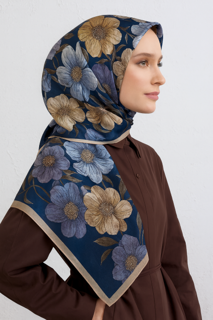 Armine Tivil Saf İpek Eşarp 9403 - 37 Lacivert Karışık Desen