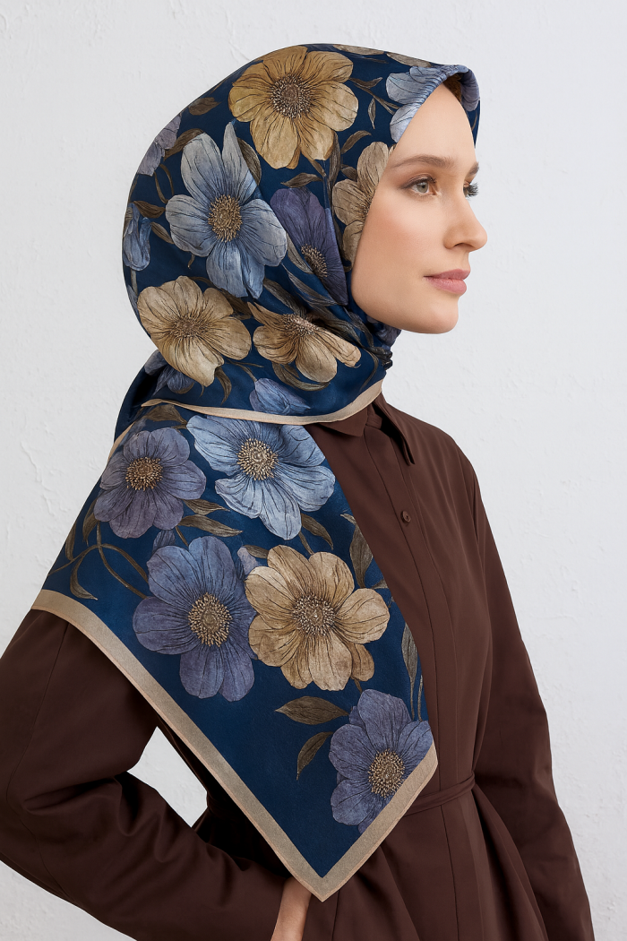 Armine Tivil Saf İpek Eşarp 9403 - 37 Lacivert Karışık Desen - Görsel 1