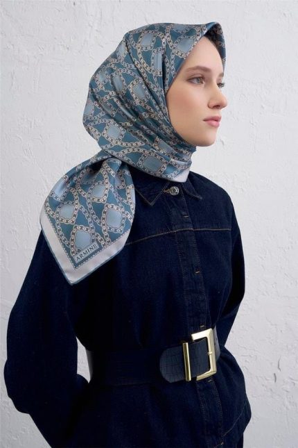 Armine Tivil Saf İpek Eşarp 9410 - 36 Mavi Karışık Desen