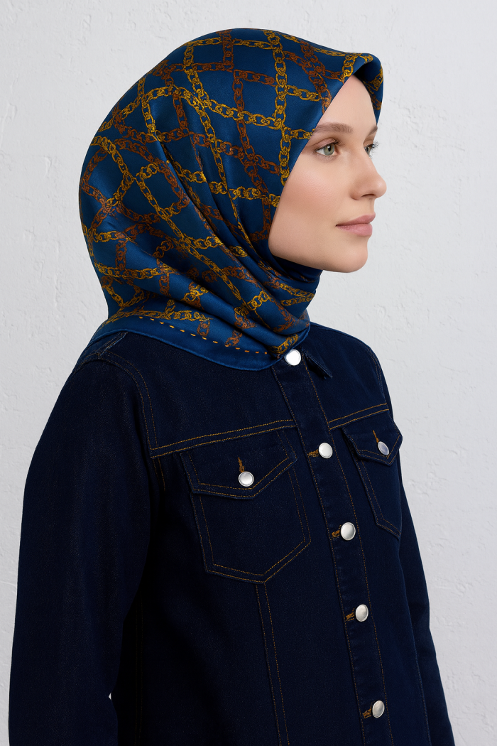 Armine Sura Saf İpek Eşarp 9410 - 55 Mavi Karışık Desen - Görsel 1