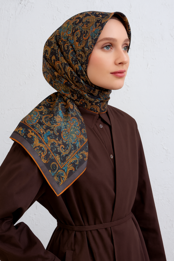 Armine Tivil Saf İpek Eşarp 9416 - 04 Gri Karışık Desen - Görsel 1