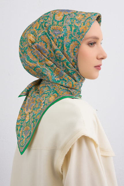 Armine Tivil Saf İpek Eşarp 9416 - 52 Petrol Yeşili Etnik Desen