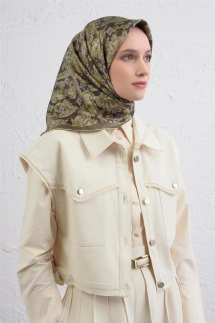 Armine Tivil Saf İpek Eşarp 9416 - 80 Yeşil Karışık Desen