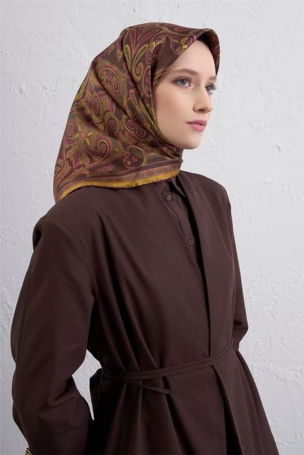 Armine Tivil Saf İpek Eşarp 9421 - 81 Kahverengi Karışık Desen