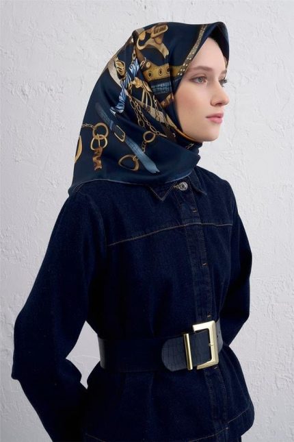 Armine Tivil Saf İpek Eşarp 9422 - 33 Lacivert Karışık Desen