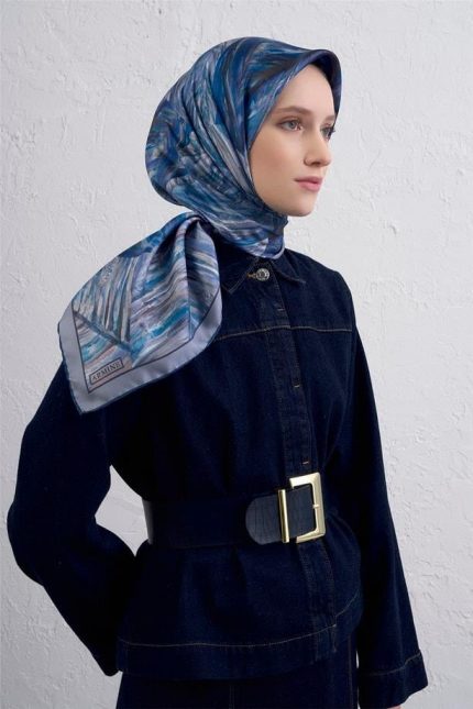Armine Tivil Saf İpek Eşarp 9430 - 82 Mavi Karışık Desen
