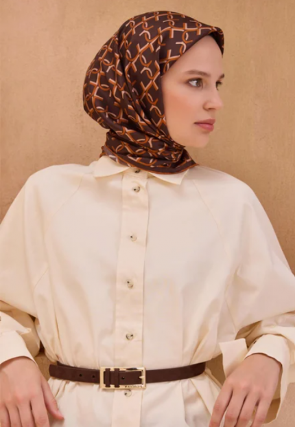 Belli Tivil Saf İpek Eşarp 4102 - 02 Kahverengi Karışık Desen