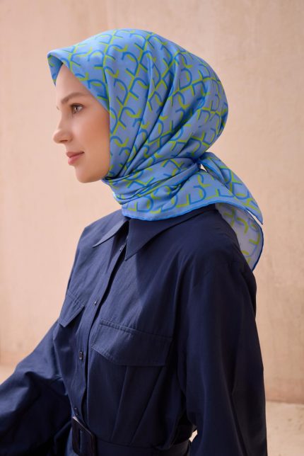 Belli Tivil Saf İpek Eşarp 4102 - 57 Mavi Karışık Desen