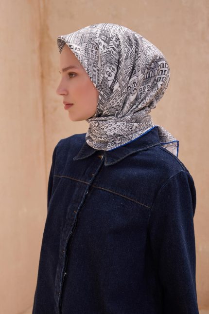 Belli Tivil Saf İpek Eşarp 4110 - 64 Beyaz Karışık Desen