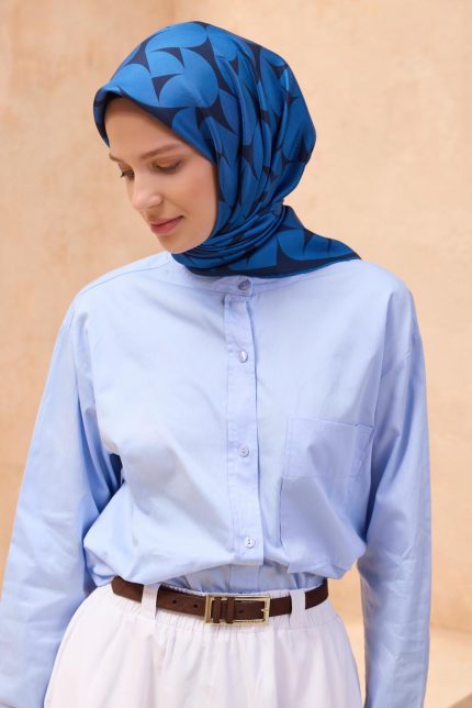 Belli Tivil Saf İpek Eşarp 4117 - 54 Lacivert Karışık Desen