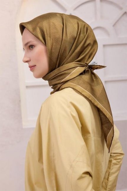 Belli Tivil Saf İpek Eşarp 4201 - 30 Yağ Yeşili Armürlü Desen