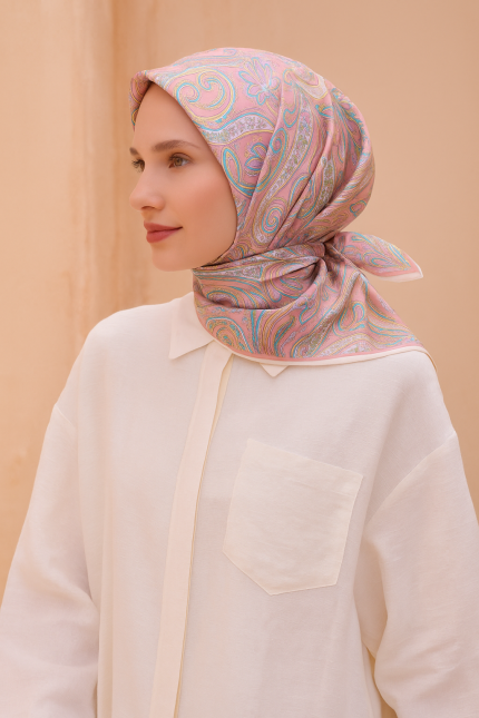 Belli Tivil Saf İpek Eşarp 4202 - 03 Açık Pembe Etnik Desen