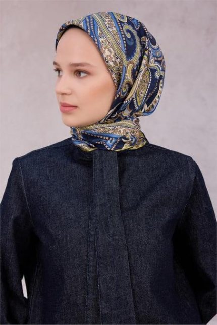 Belli Tivil Saf İpek Eşarp 4202 - 83 Lacivert Etnik Desen