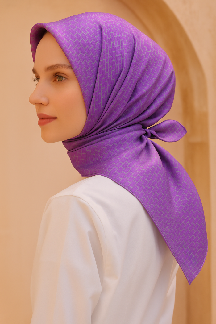 Belli Tivil Saf İpek Eşarp 4203 - 34 Mor Geometrik Desen - Görsel 1