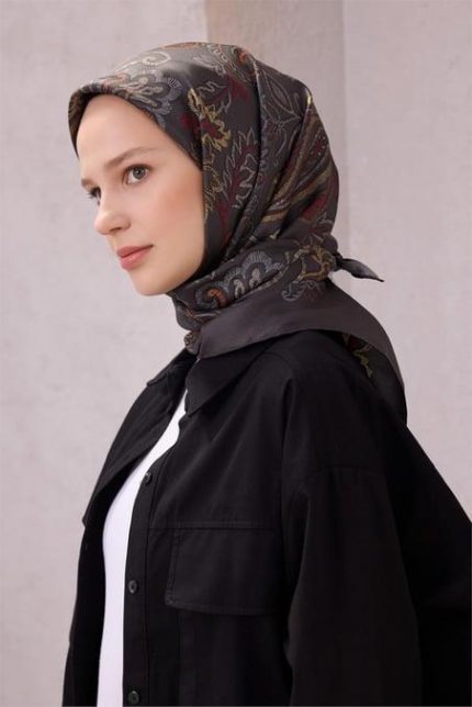 Belli Tivil Saf İpek Eşarp 4207 - 07 Füme Çiçek Desen