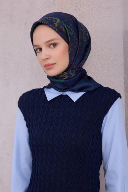 Belli Tivil Saf İpek Eşarp 4207 - 80 Lacivert Çiçek Desen