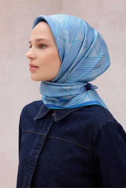 Belli Tivil Saf İpek Eşarp 4209 - 37 Mavi Soyut Desen