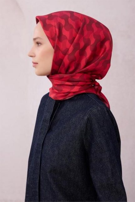 Belli Tivil Saf İpek Eşarp 4211 - 02 Kırmızı Bordo Soyut Desen