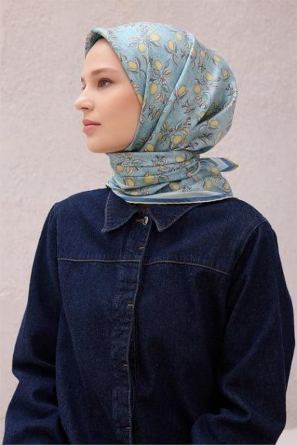 Belli Tivil Saf İpek Eşarp 4212 - 34 Mavi Limon Desen