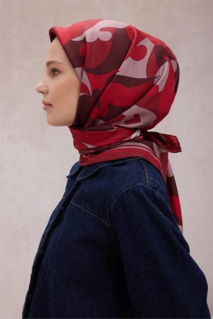 Belli Tivil Saf İpek Eşarp 4213 - 86 Kırmızı Soyut Desen