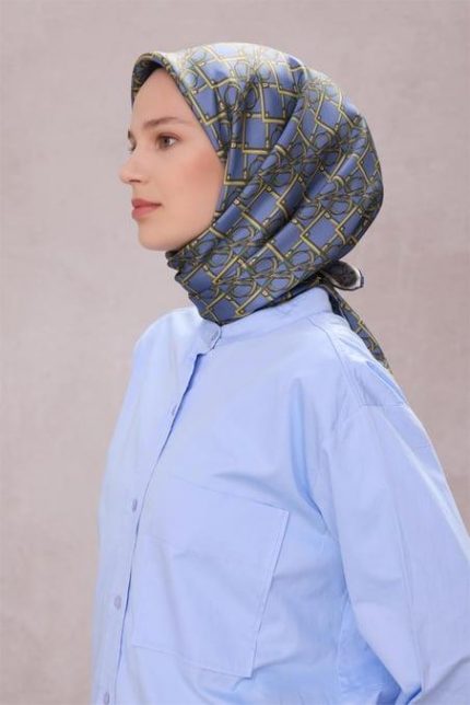 Belli Tivil Saf İpek Eşarp 4214 - 02 Mavi Kemer Desen