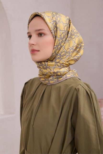 Belli Tivil Saf İpek Eşarp 4214 - 38 Sarı Geometrik Desen