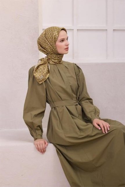 Belli Tivil Saf İpek Eşarp 4215 - 56 Haki Yeşil Geometrik Desen