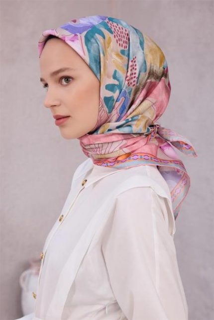 Belli Tivil Saf İpek Eşarp 4216 - 07 Pembe Karışık Desen